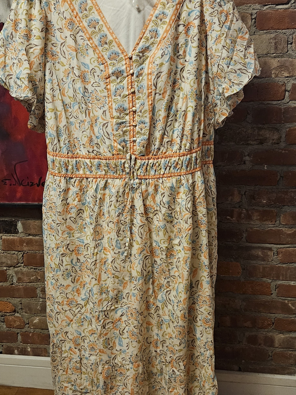Floral Cream Maxi Dress with Orange Trim , Covered Buttons & Detail Waist